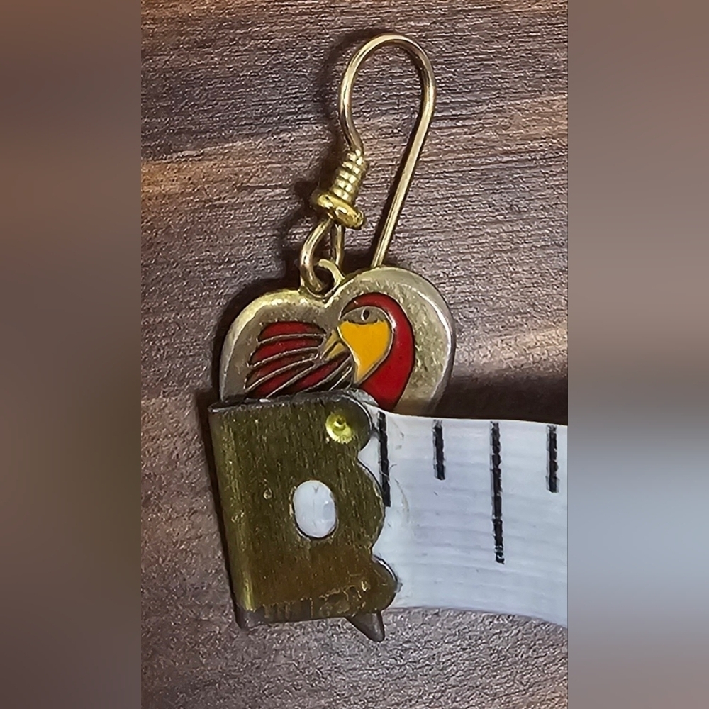Laurel Burch DOVE HEART Bright Red Gold Tone Dangle Earrings - Picture 6 of 8